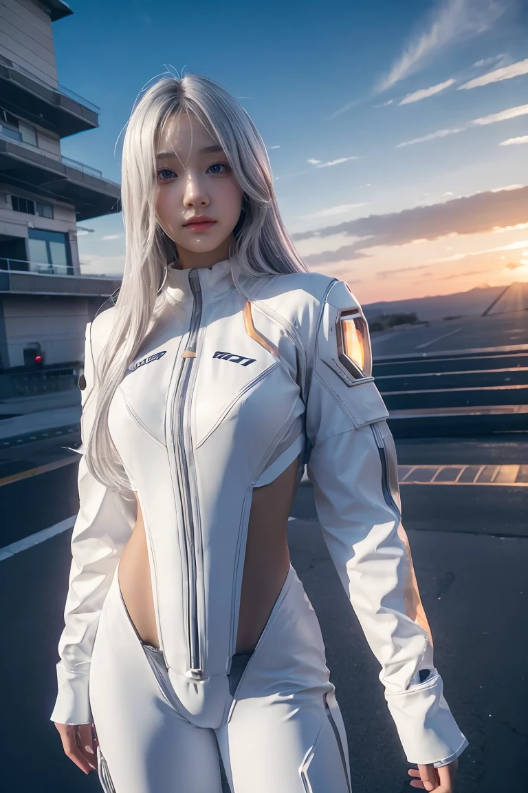 ((masterpiece, best quality, extremely detailed), volumetric lighting, ambient occlusion, colorful, glowing), 
1girl, solo, young girl, (silver hair), long hair, halo, aura, sacred, goddess, cyber suit, (white outfit:1.3), 
outdoors, sunset, sky, clouds, space, (cyberpunk theme:1.2),