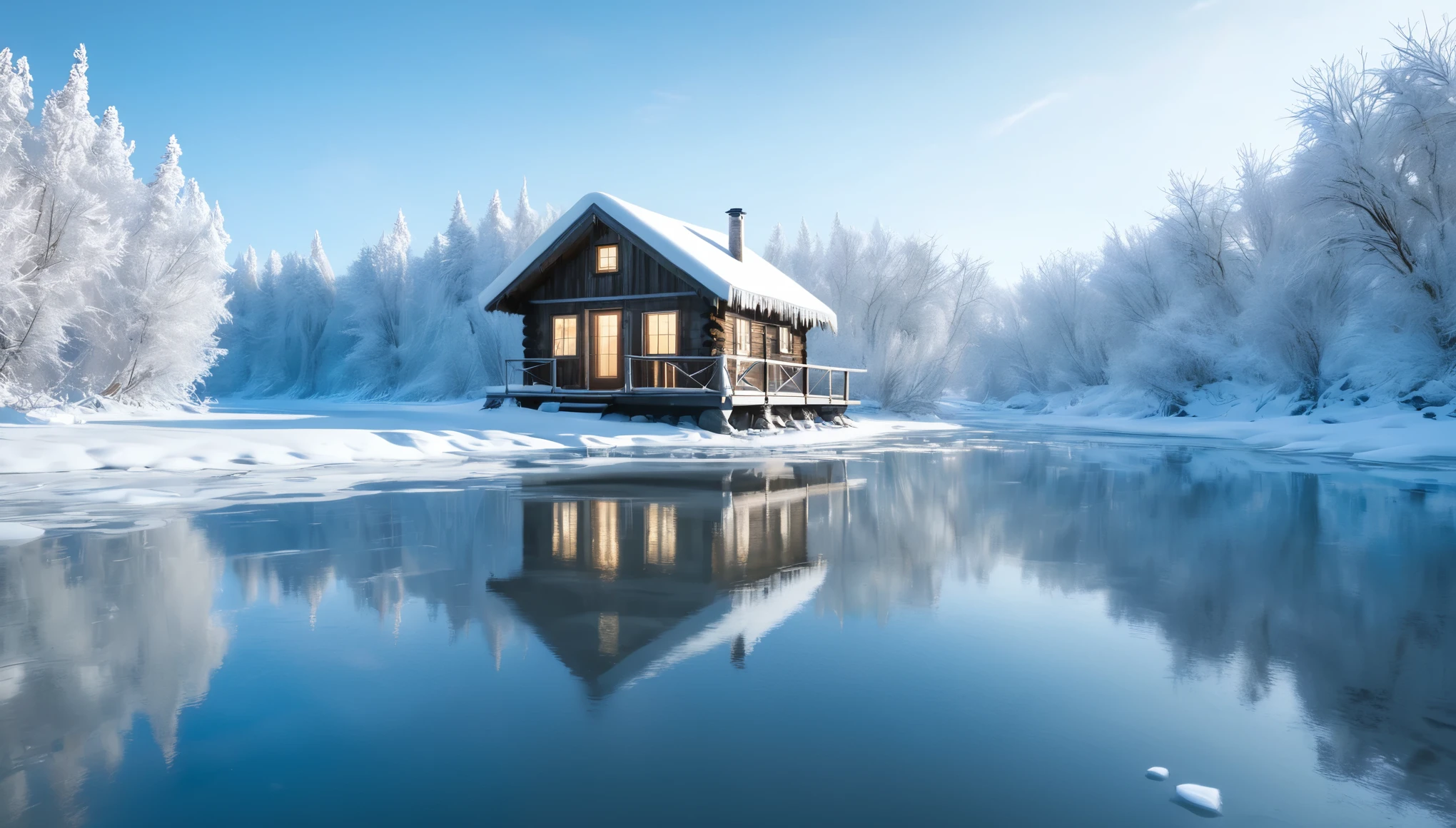 a small snow-covered cabin in a snowy landscape, frozen river, reflections on the water, minimalist, 4k, highly detailed, photorealistic, dramatic lighting, natural scenery, serene, peaceful, winter, snow, ice, calm, tranquil, pristine, solitude, remote, atmospheric