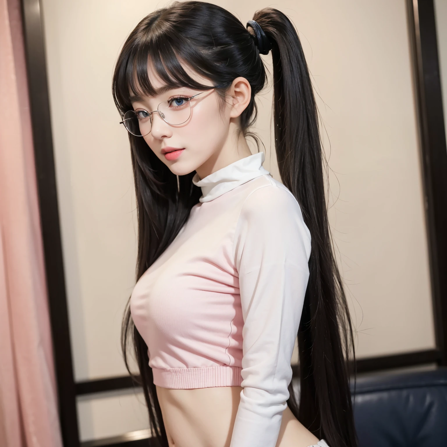 ((best quality)), ((masterpiece)), (detailed), 1girl, RAW, 4k, hd images, 1girl, white skin, long hair, ponytail, layers hair, bangs, black hair, beautiful girl, cute girl, pretty girl,perfect girl, pretty eyes, blue eyes, thin lips, pink lips, thin, perfect , potrait, glasses, sweet smile, , office white shirt, black mini skirt span, full body
