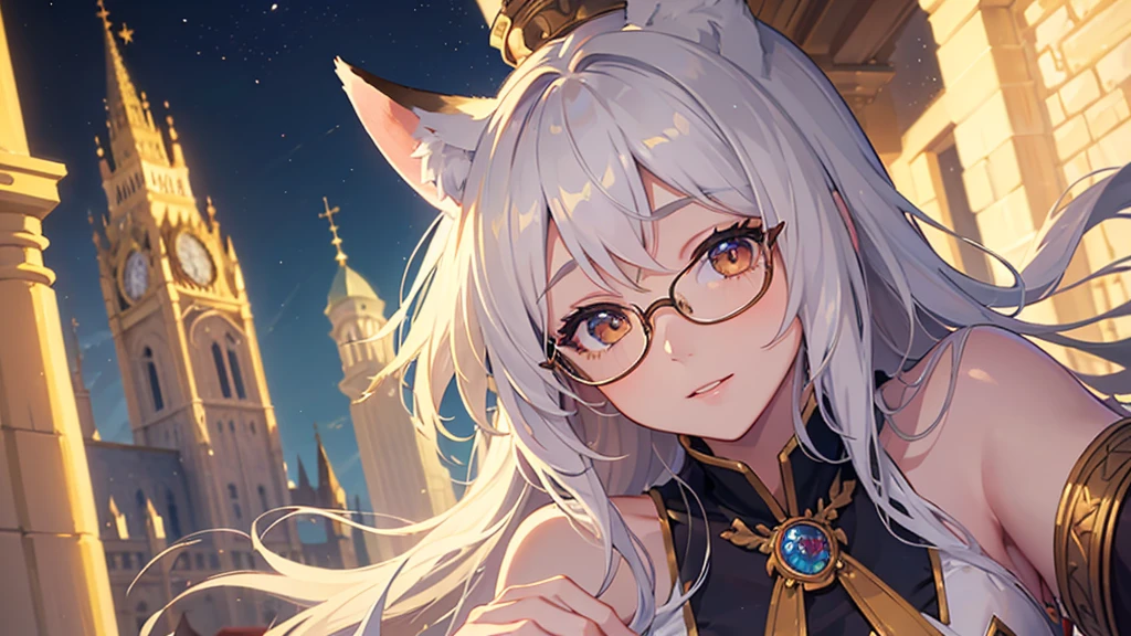 ((Best quality)), ((masterpiece)), (detailed), best quality，8K，original photo，This is a perfect face，Fox-eared maiden，touch fox，Castle Background， Liveliness. Carefree happy joy bokeh background. Quiet aesthetics. Soft lighting. Artistic Lighting. wearing glasses