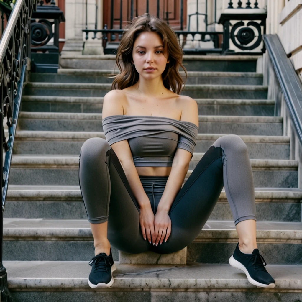 beautiful young woman, messy brown hair, shy look, wearing a grey off-shoulder top and tight-fitting black yoga pants, sitting on marble stairs of a victorian building in a metropolitan city street, 4k, natural diffused lighting, film grain, 85mm lens