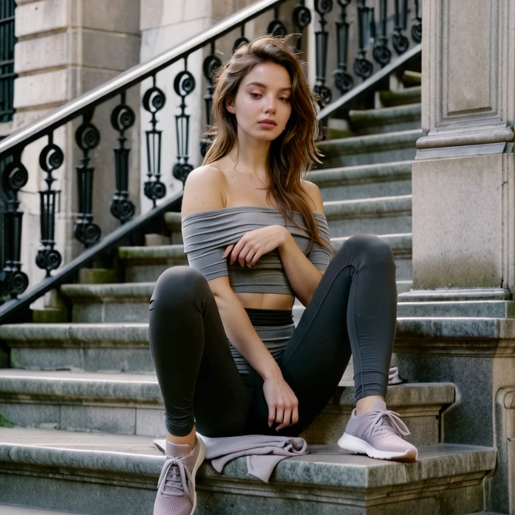 beautiful young woman, messy brown hair, shy look, wearing a grey off-shoulder top and tight-fitting black yoga pants, sitting on marble stairs of a victorian building in a metropolitan city street, 4k, natural diffused lighting, film grain, 85mm lens