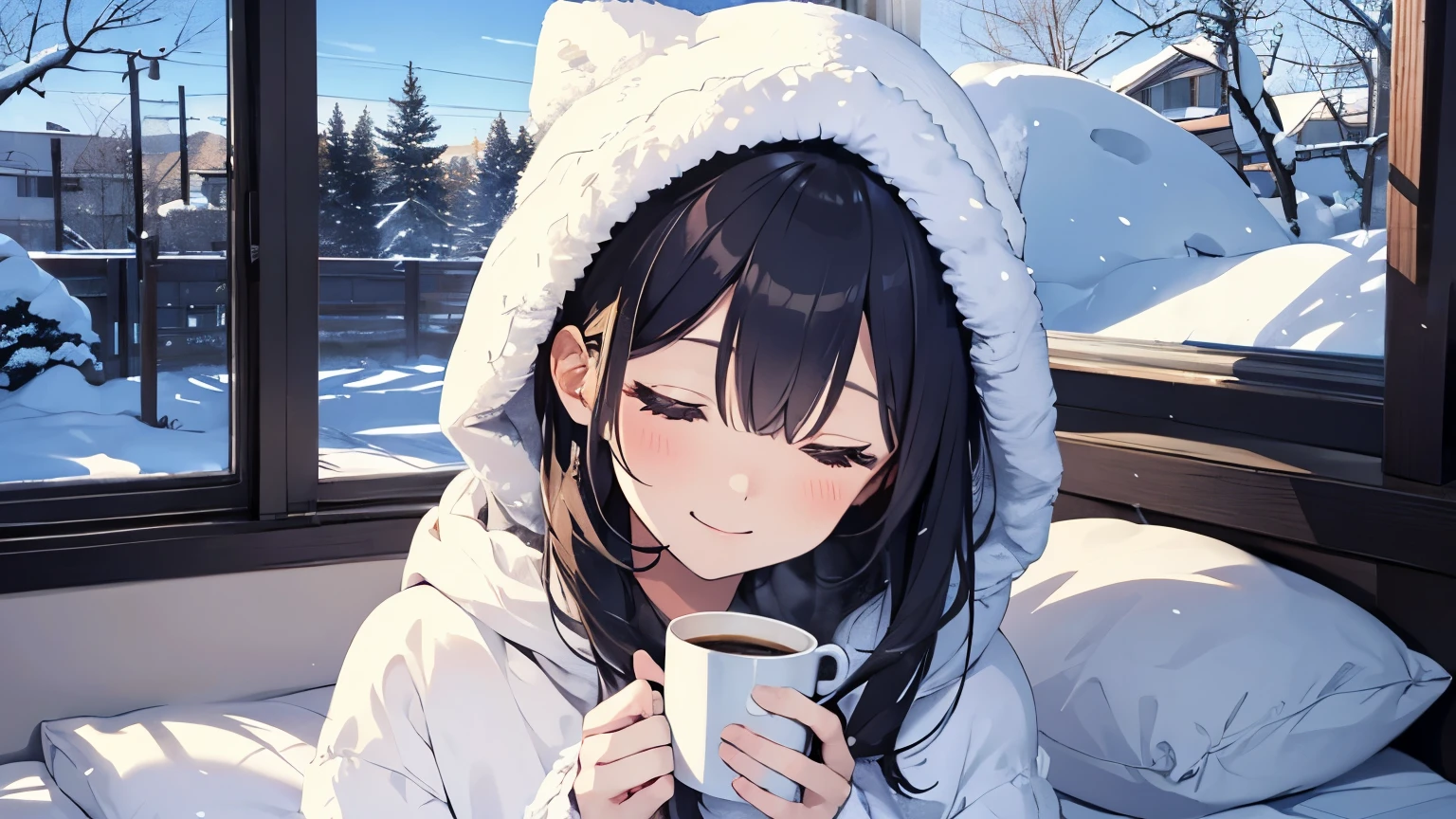 (Pretty Girl:1.3)、 smile,winterの雰囲気、Throwing snowballs、winter、Sleeping in bed、Before bedtime,Holding coffee in both hands
