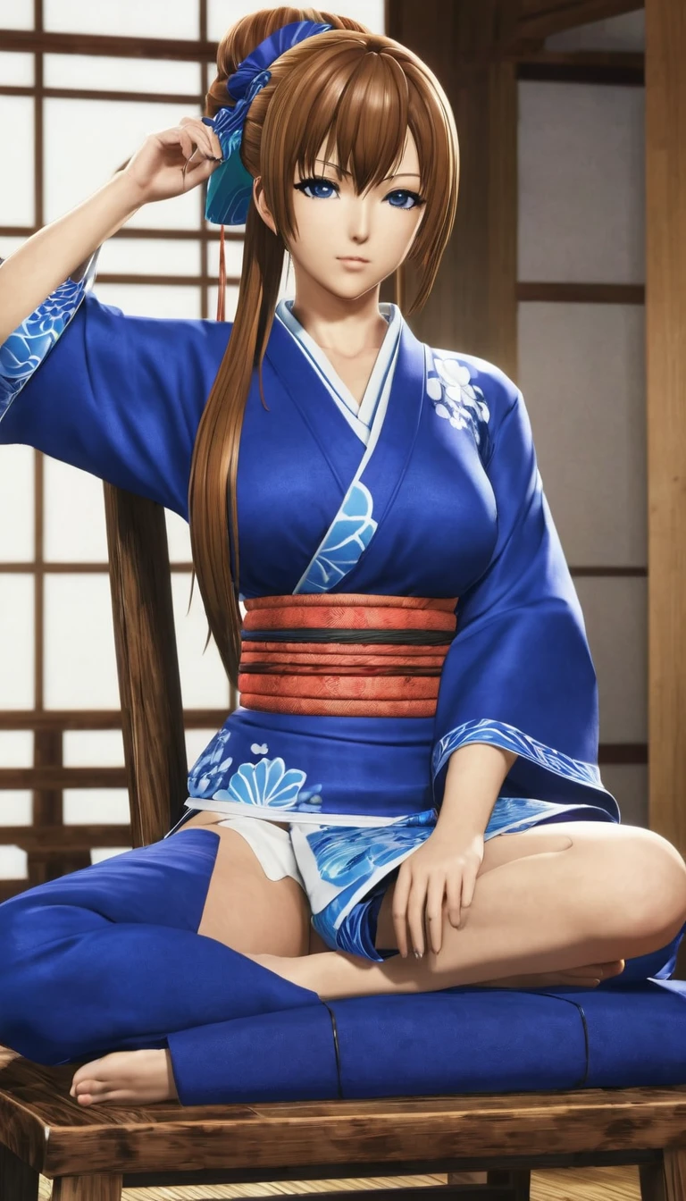 score_9, score_8_up, score_7_up, source_anime kasumi from dead or alive, blue kimono, sit in chair, crossed legs