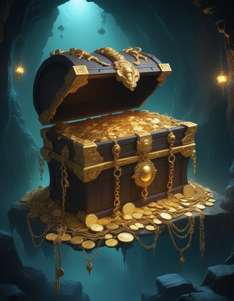 Dungeons，Floating in the air(Monster disguised as a treasure chest), Filled with jewels，1 eyes，One-Eye，Tongue，Tentacles， sharp claws and teeth, Very detailed, Complex design, Gorgeous gold embellishment, ,Ominous Presence, fantasy, Dark gloomy lights, Composition, Dramatic shadows, Rich colors, number, Concept Art, The award-winning，Luminescence example，Ray Tracing，Scattered gold coins