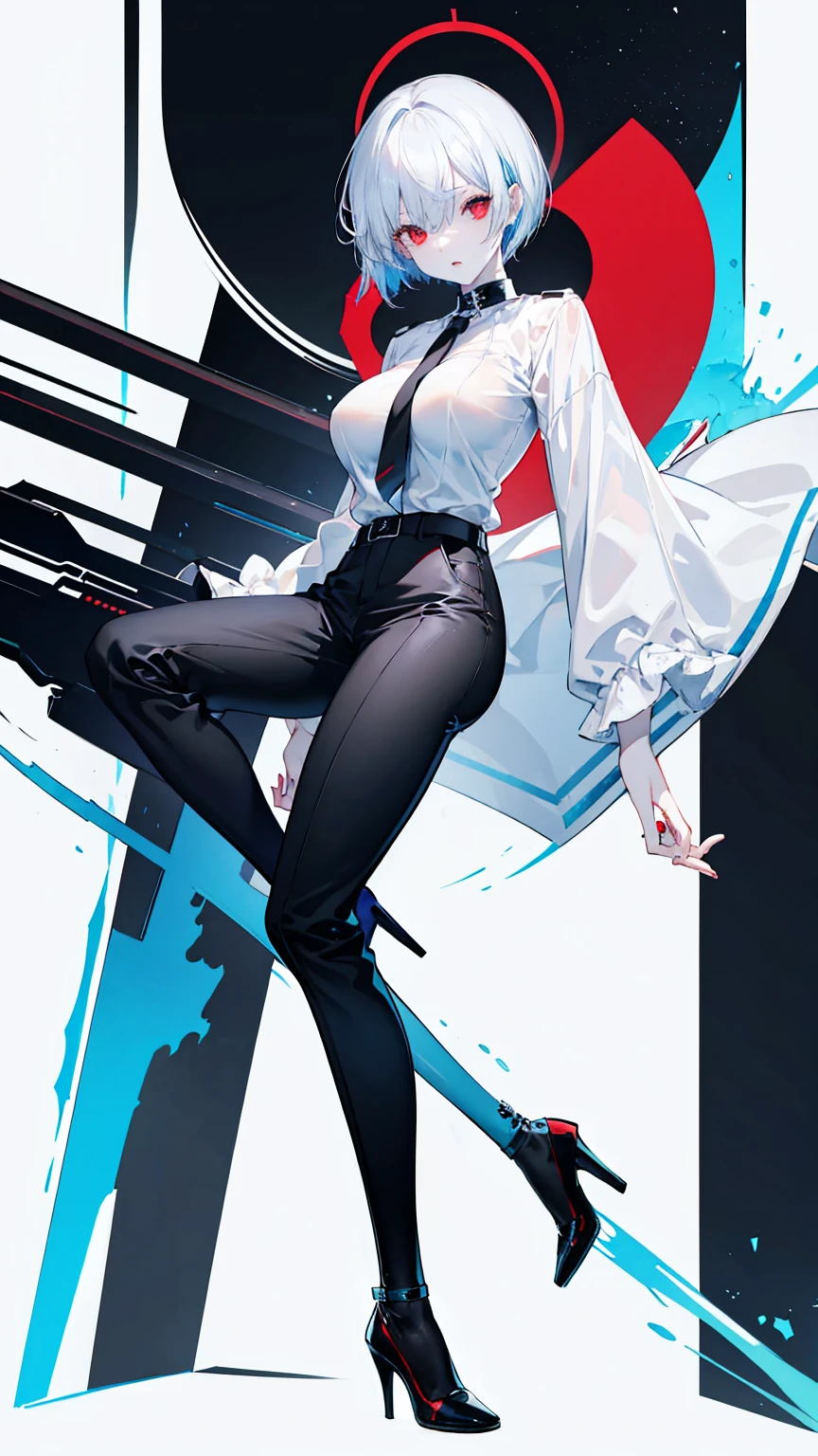 Sky blue short Bob, Red eyes, Black long-sleeved shirt, White pale skin, White eye patch, tall, long leg, Black trousers, Black high-heels, Big breast
