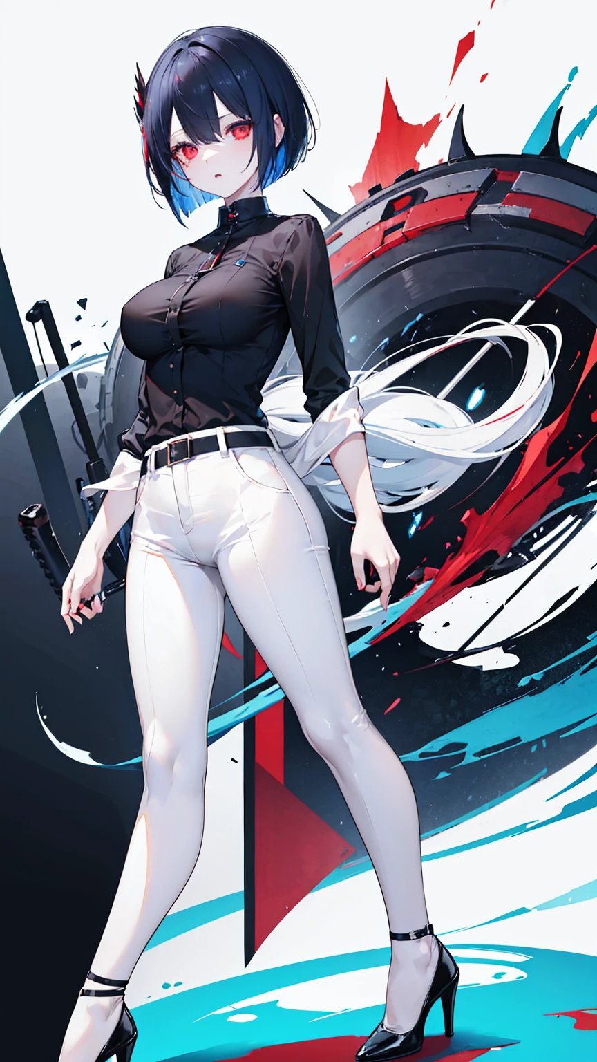 Sky blue short Bob, Red eyes, Black long-sleeved shirt, White pale skin, White eye patch, tall, long leg, Black trousers, Black high-heels, Big breast