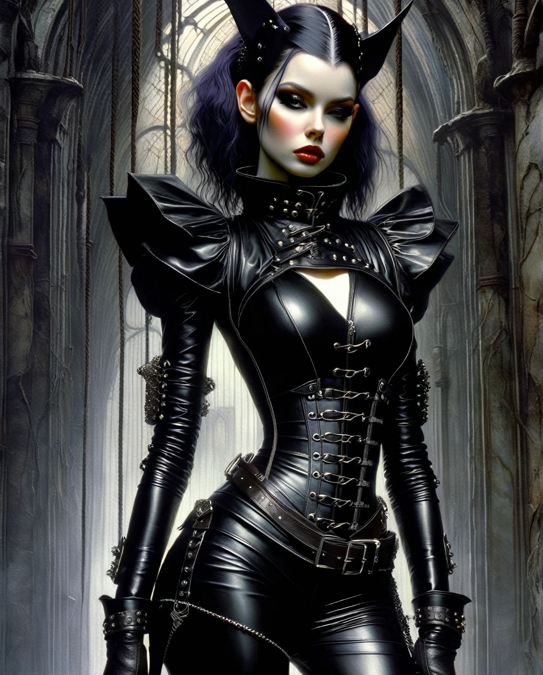 Masterpiece, photorealistic, highly detailed, beautiful Nordic Girl, clad in a gothic punk-inspired latex military outfit,The attire should incorporate intricate bondage elements, blending seamlessly into the design. The setting should exude a dark and mysterious ambiance, accentuating the overall edgy and alluring aesthetic. Pay attention to details like clothing texture, lighting nuances, and the surrounding atmosphere to create a captivating visual narrative.",goth person, artwork inspired by Brian Froud and Carne Griffiths and Wadim Kashin, intricate details, oil