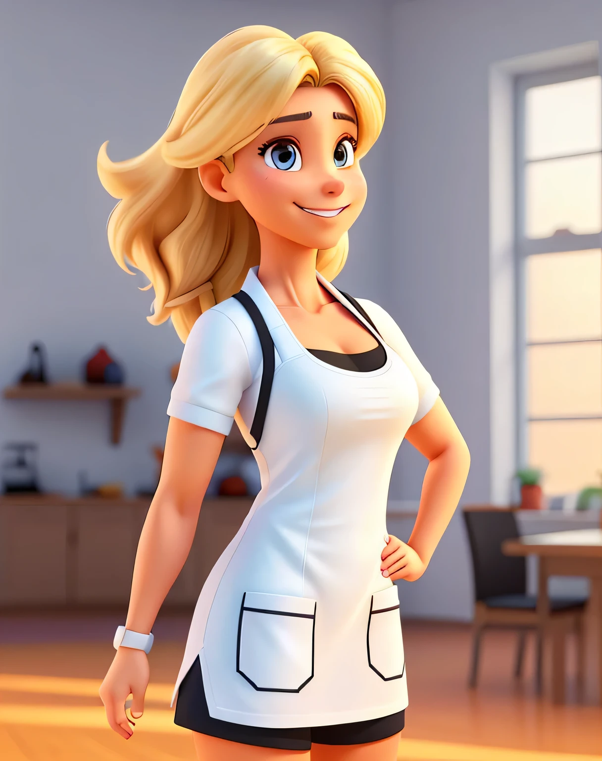A woman 35-year-old fitness saudável, radiating a genuine smile, is posed against a pristine white background. Clad in a crisp white fitness outfit, complete with a red apron, the woman showcases his muscular physique, a testament to his dedication to fitness. This captivating image, reminiscent of a humorous meme, is entitled "The Fitness Meme." The high-quality, detailed digital art boasts sharp focus, vibrant colors, and a cinematic lighting effect that adds depth and realism to the scene. Blond Hair. Enjoy this masterpiece of cartoon digital painting, meticulously crafted using the Anime
