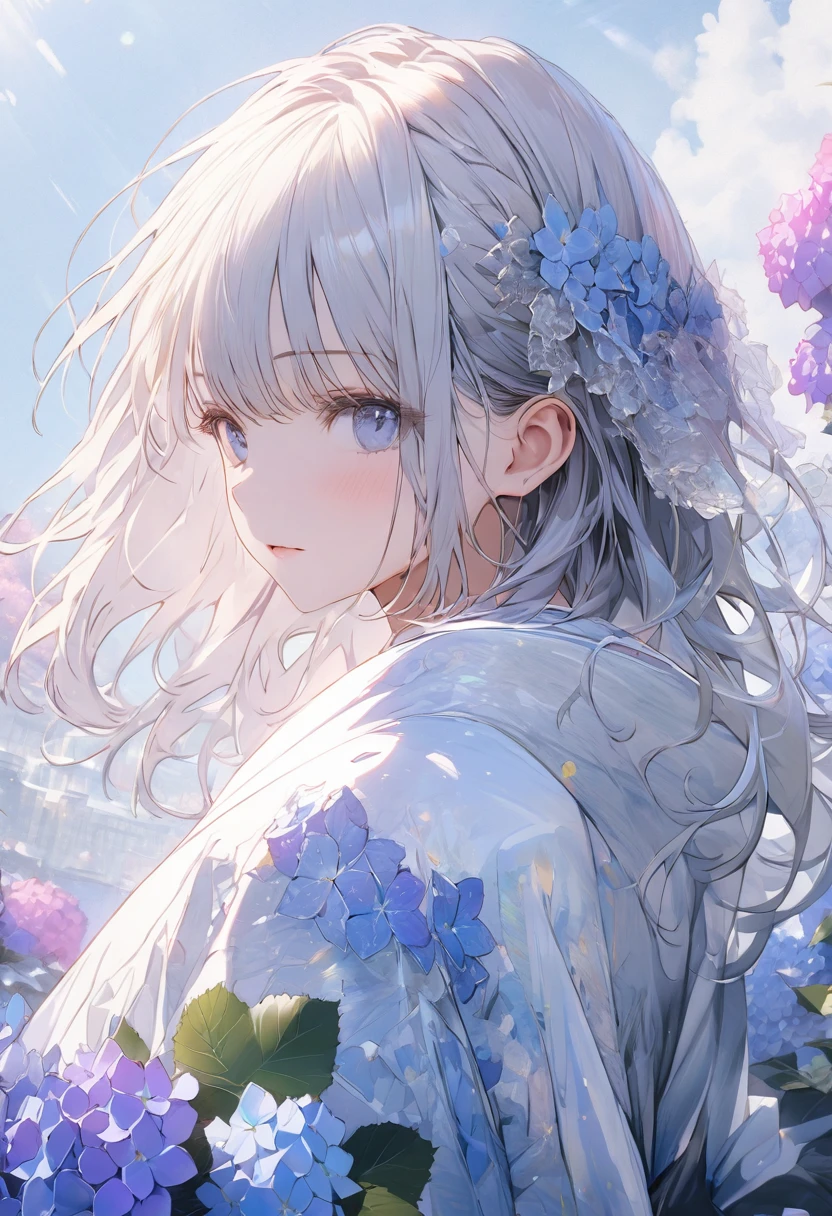 Hydrangea, a beautiful girl, beautiful sky, detailed details, BREAK ,quality\(8k,wallpaper of extremely detailed CG unit, ​masterpiece,hight resolution,top-quality,top-quality real texture skin,hyper realisitic,increase the resolution,RAW photos,best qualtiy,highly detailed,the wallpaper,cinematic lighting,ray trace,golden ratio\),