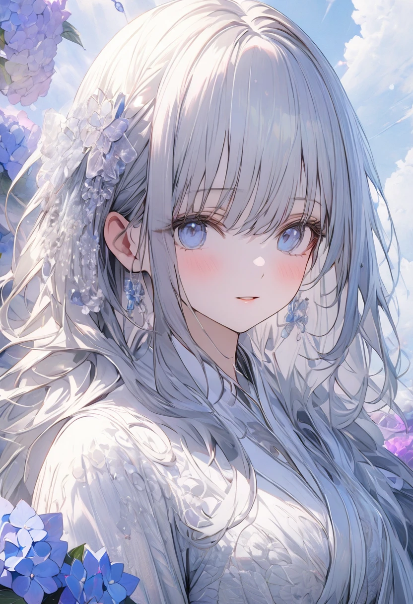 Hydrangea, a beautiful girl, beautiful sky, detailed details, BREAK ,quality\(8k,wallpaper of extremely detailed CG unit, masterpiece,hight resolution,top-quality,top-quality real texture skin,hyper realisitic,increase the resolution,RAW photos,best qualtiy,highly detailed,the wallpaper,cinematic lighting,ray trace,golden ratio\),