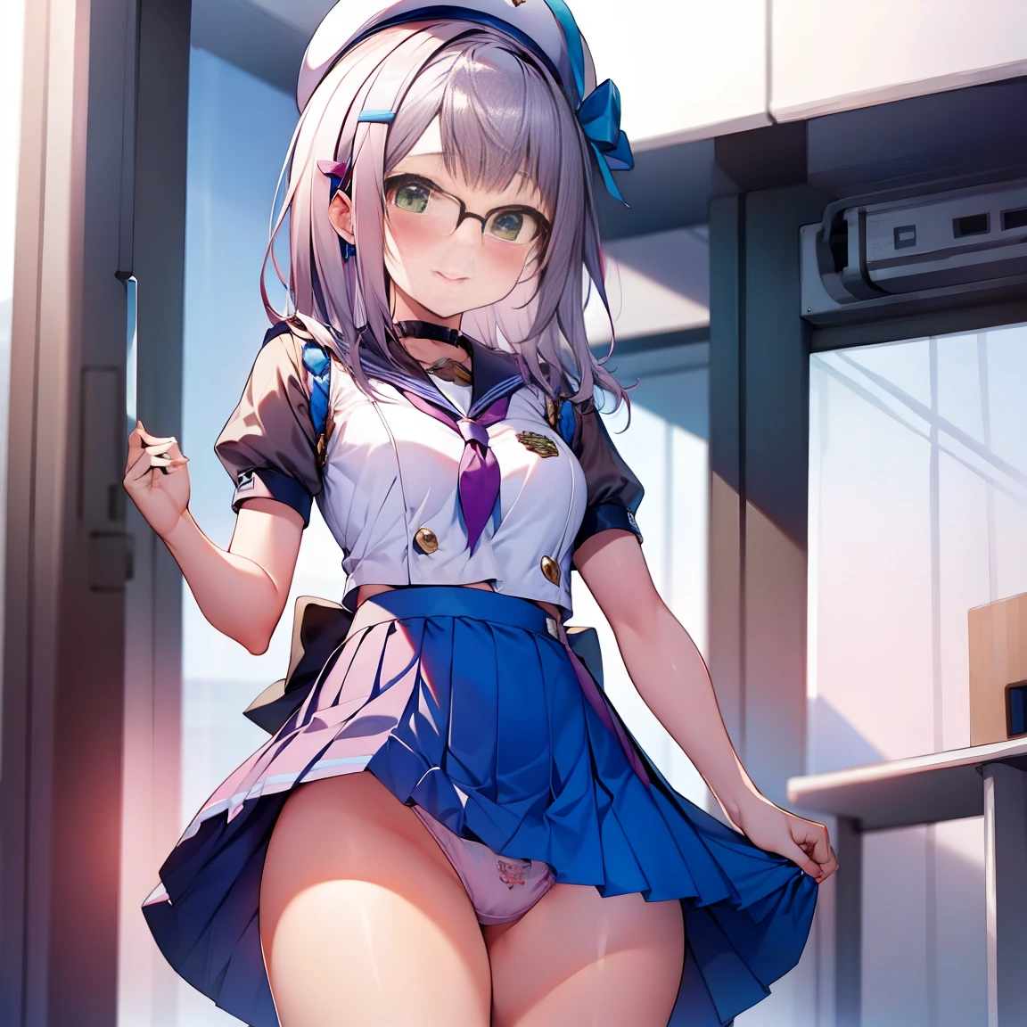 8K、masterpiece、Japanese、Woman wearing glasses、Neon(nod)、from the front、smile、Childish、Small breasts、See-through underwear、night、Bedroom、Show your underwear、mini skirt