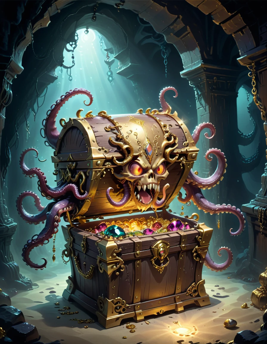 Dungeons，Floating in the air(Monster disguised as a treasure chest), Filled with jewels，1 eyes，One-Eye，Tongue，Tentacles， sharp claws and teeth, Very detailed, Complex design, Gorgeous gold embellishment, ,Ominous Presence, fantasy, Dark gloomy lights, Composition, Dramatic shadows, Rich colors, number, Concept Art, The award-winning，Luminescence example，Ray Tracing，Devout worshippers，