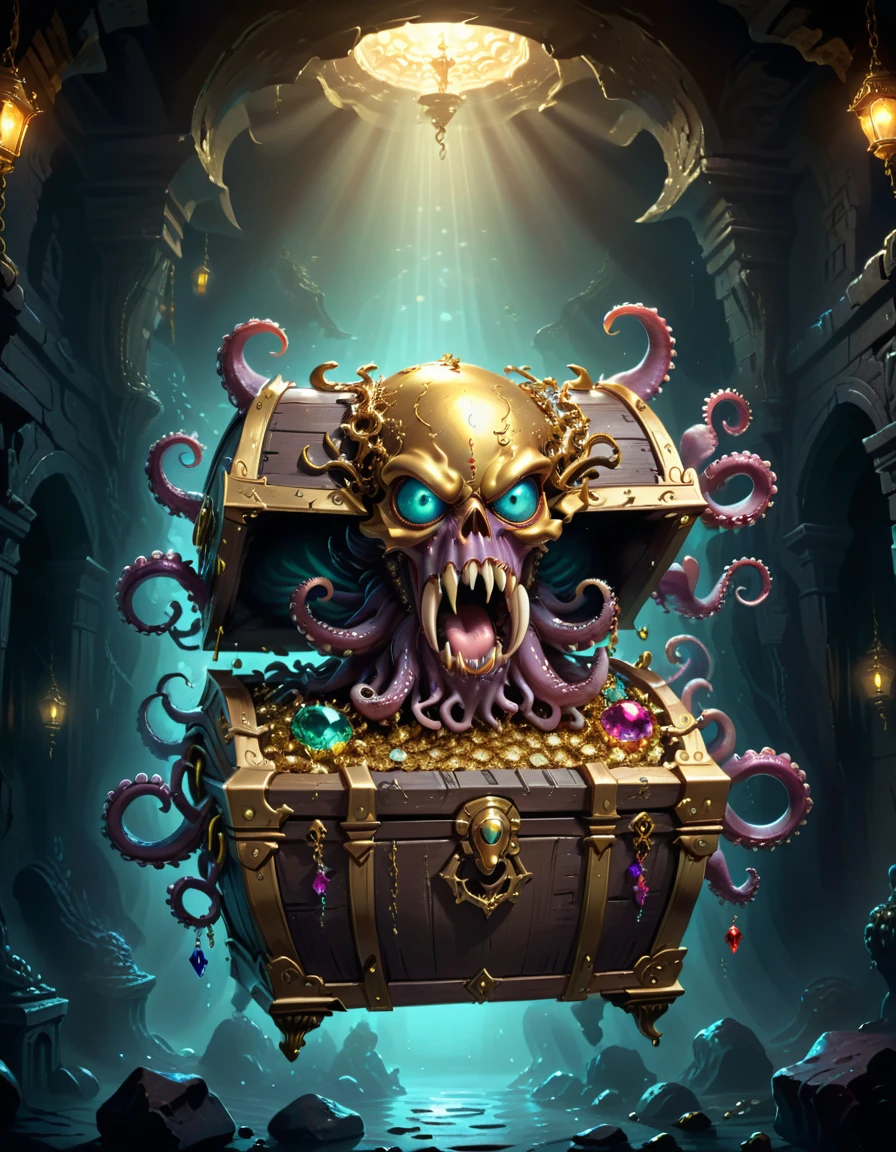 Dungeons,Floating in the air(Monster disguised as a treasure chest), Filled with jewels,1 eyes,One-Eye,Tongue,Tentacles, sharp claws and teeth, Very detailed, Complex design, Gorgeous gold embellishment, ,Ominous Presence, fantasy, Dark gloomy lights, Composition, Dramatic shadows, Rich colors, number, Concept Art, The award-winning,Luminescence example,Ray Tracing,Devout worshippers,
