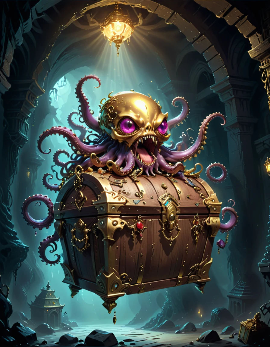 Dungeons，Floating in the air(Monster disguised as a treasure chest), Filled with jewels，1 eyes，One-Eye，Tongue，Tentacles， sharp claws and teeth, Very detailed, Complex design, Gorgeous gold embellishment, ,Ominous Presence, fantasy, Dark gloomy lights, Composition, Dramatic shadows, Rich colors, number, Concept Art, The award-winning，Luminescence example，Ray Tracing，Devout worshippers，