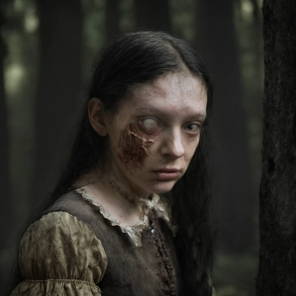 (masterpiece)+, (extremely (realistic)+,a portrait of an extremely ugly undead teenage girl, half decayed. long black hair, pale yellowish skin, Wearing victorian girl dress, Lost stare. Looking in camera. volumetrics dtx, Photorealistic, ultra detailed, Artstation trending, very very detailed, realistic shaded lighting, dynamic shadows, detailed Forest background, upper body, professional photograph of a detailed skin, sharp focus, dramatic, award winning, cinematic lighting, octane render, unreal engine, volumetrics dtx, Photorealistic, ultra detailed, Artstation trending, very very detailed, hyperrealistic, fine details, realistic shaded lighting, dynamic shadows, Forest background, add_detail:1, skin pores and wrinkles, details.,More Reasonable Details