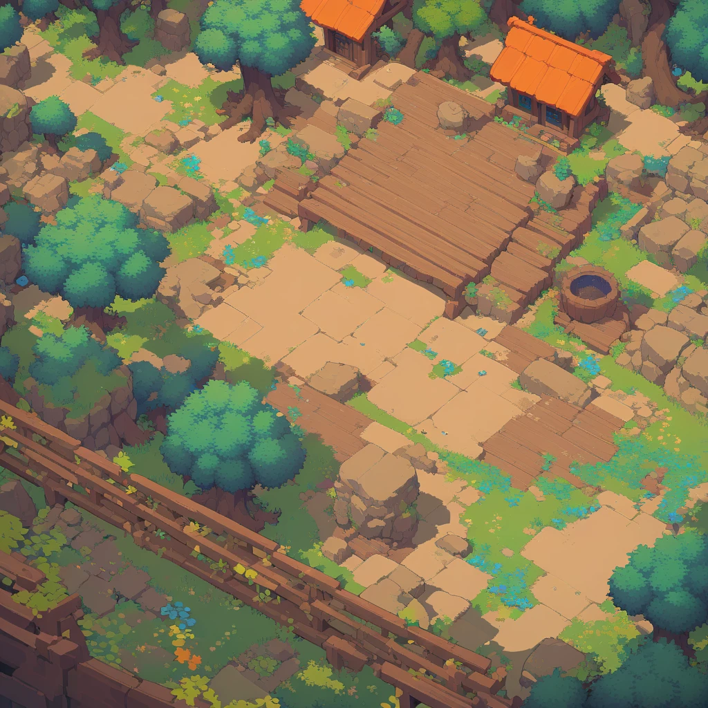 retro video game style,pixelated, vibrant pastel colors,8-bit characters,blocky shapes,sharp lines,detailed shading,classic gaming vibe,nostalgic atmosphere,classic arcade games,masterpiece:1.2,ultra-detailed,illustration style, 2d texture, clay texture, stone texture, 4 k seamless mud texture, video game texture, dirt texture, tileset, game tiles, clay material, flat texture, grass, trees, rock texture, rocky ground, forest, topdown view, game texture, game art, ground very detailed, dirt, floor texture, tileable texture, flowers, wooden bridge, wooden river bridge, bushes, shrubs, intricate ground stone, top down view, 3/4th perspective