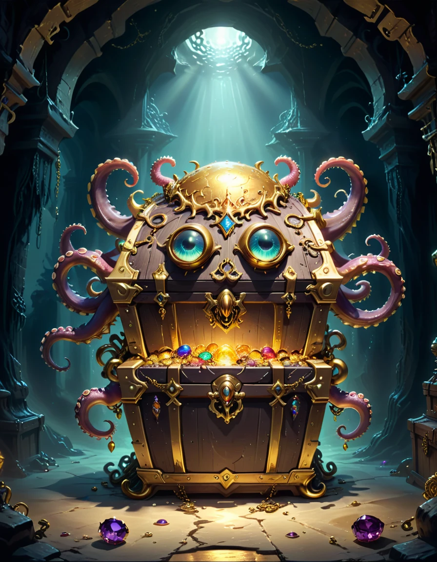 Dungeons,Floating in the air(Monster disguised as a treasure chest), Filled with jewels,1 eyes,One-Eye,Tongue,Tentacles, sharp claws and teeth, Very detailed, Complex design, Gorgeous gold embellishment, ,Ominous Presence, fantasy, Dark gloomy lights, Composition, Dramatic shadows, Rich colors, number, Concept Art, The award-winning,Luminescence example,Ray Tracing,Devout worshippers,