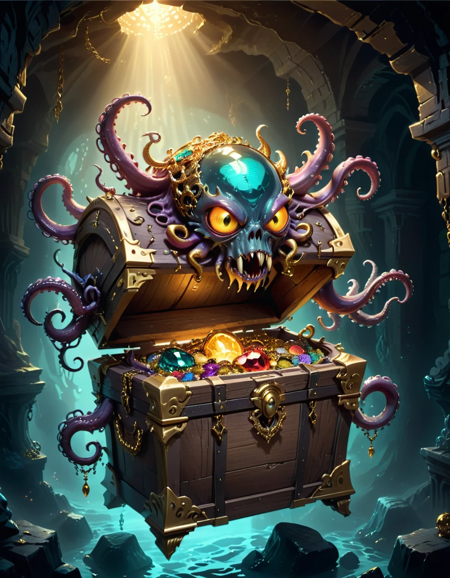 Dungeons，Floating in the air(Monster disguised as a treasure chest), Filled with jewels，1 eyes，One-Eye，Tongue，Tentacles， sharp claws and teeth, Very detailed, Complex design, Gorgeous gold embellishment, ,Ominous Presence, fantasy, Dark gloomy lights, Composition, Dramatic shadows, Rich colors, number, Concept Art, The award-winning，Luminescence example，Ray Tracing，Devout worshippers，