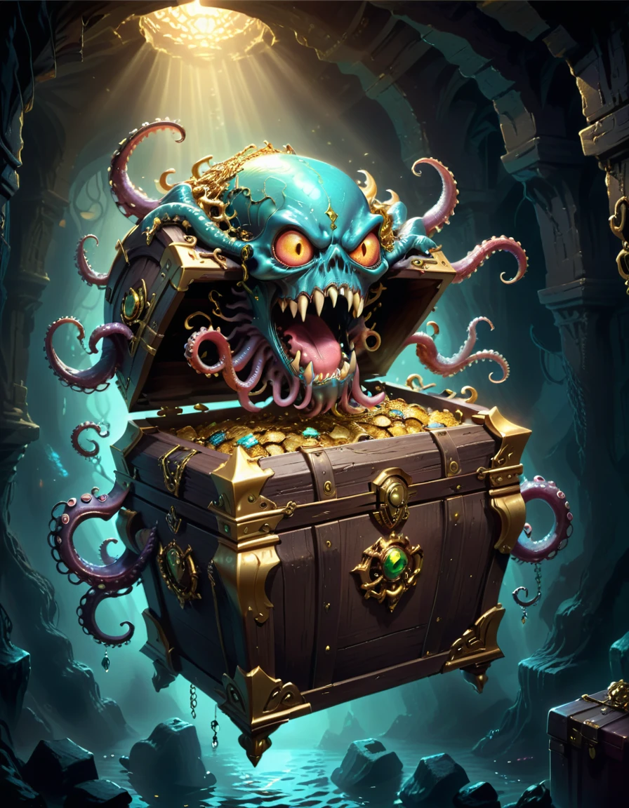 Dungeons,Floating in the air(Monster disguised as a treasure chest), Filled with jewels,1 eyes,One-Eye,Tongue,Tentacles, sharp claws and teeth, Very detailed, Complex design, Gorgeous gold embellishment, ,Ominous Presence, fantasy, Dark gloomy lights, Composition, Dramatic shadows, Rich colors, number, Concept Art, The award-winning,Luminescence example,Ray Tracing,Devout worshippers,