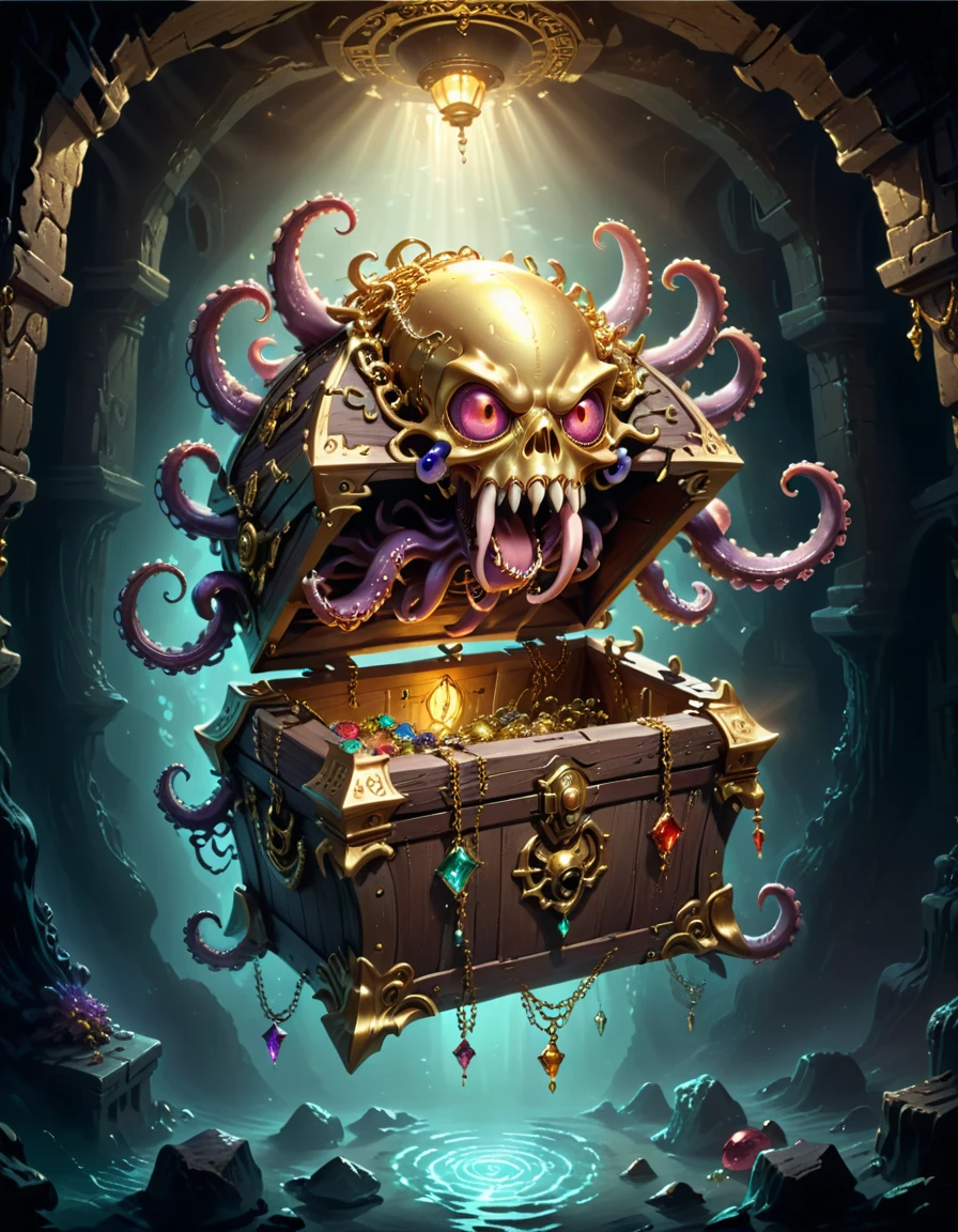 Dungeons,Floating in the air(Monster disguised as a treasure chest), Filled with jewels,1 eyes,One-Eye,Tongue,Tentacles, sharp claws and teeth, Very detailed, Complex design, Gorgeous gold embellishment, ,Ominous Presence, fantasy, Dark gloomy lights, Composition, Dramatic shadows, Rich colors, number, Concept Art, The award-winning,Luminescence example,Ray Tracing,Devout worshippers,