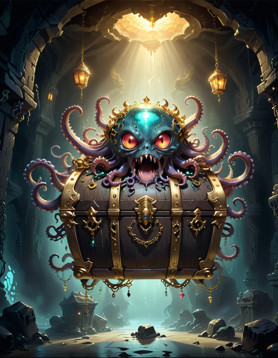 Dungeons，Floating in the air(Monster disguised as a treasure chest), Filled with jewels，1 eyes，One-Eye，Tongue，Tentacles， sharp claws and teeth, Very detailed, Complex design, Gorgeous gold embellishment, ,Ominous Presence, fantasy, Dark gloomy lights, Composition, Dramatic shadows, Rich colors, number, Concept Art, The award-winning，Luminescence example，Ray Tracing，Devout worshippers，