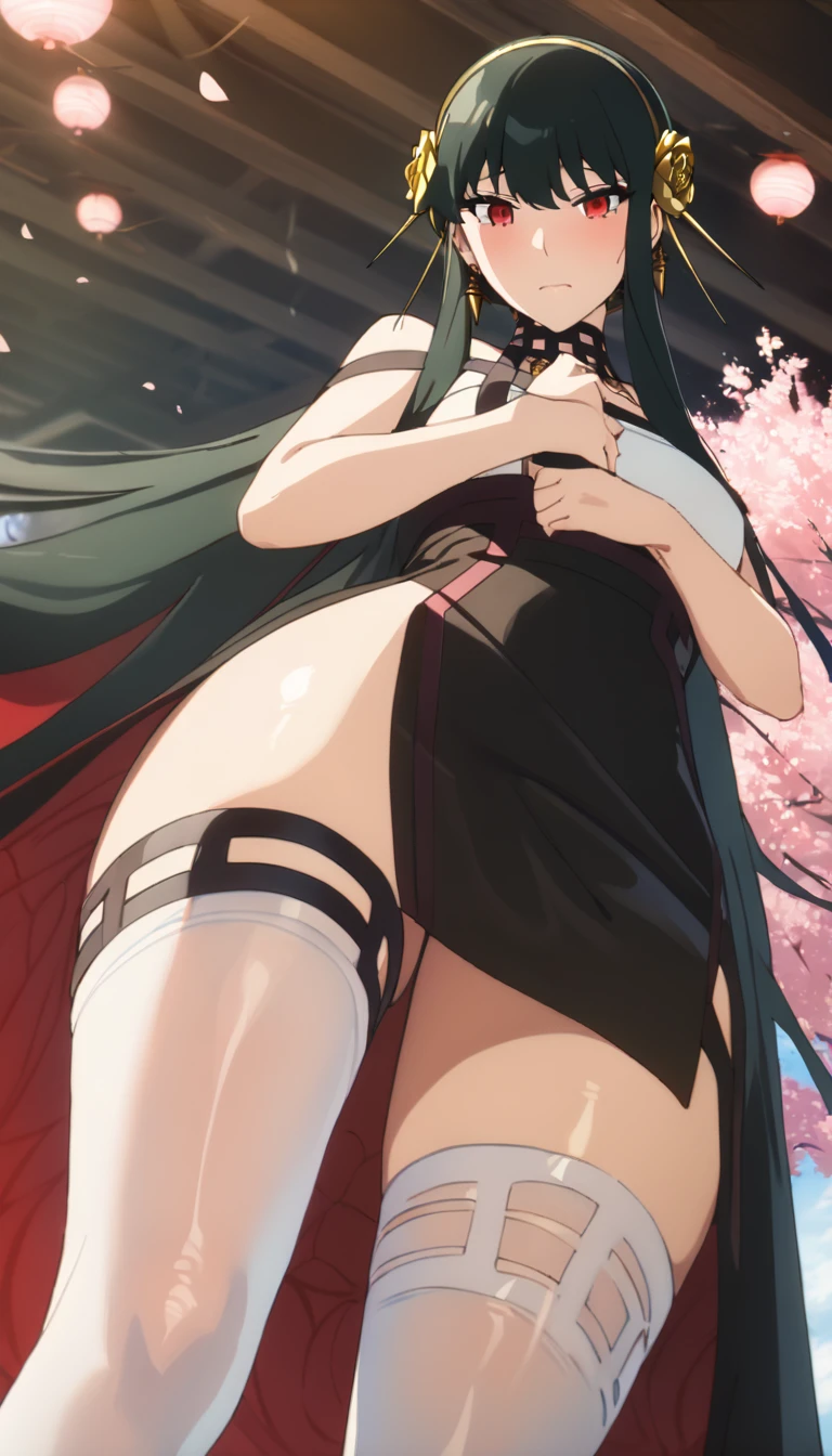 (masterpiece), (highest quality), (best quality), (super high), 1girl, dalcefopainting, ridiculously long hair, cherry blossom tree, Japanese scenery, next, 97 people lp, white garter stockings, sexy, sensual, stockings translucent, feet, feet close-up
yorbriar, yor briar, anime female character, sexy, enchanting, shy expression, long black hair, straight hair, bangs covering part of the forehead, red eyes, gentle gaze, soft expression, shy, black tight dress, high slit dress , suspender design, shiny fabric, revealing, white garter stockings, gold hairpins, black fingerless gloves, simple necklace, thigh strap, dagger or dagger, metallic sheen, worn around the waist or on the hands, toes, from below View, emphasizing character details lighting: highlighting body curves