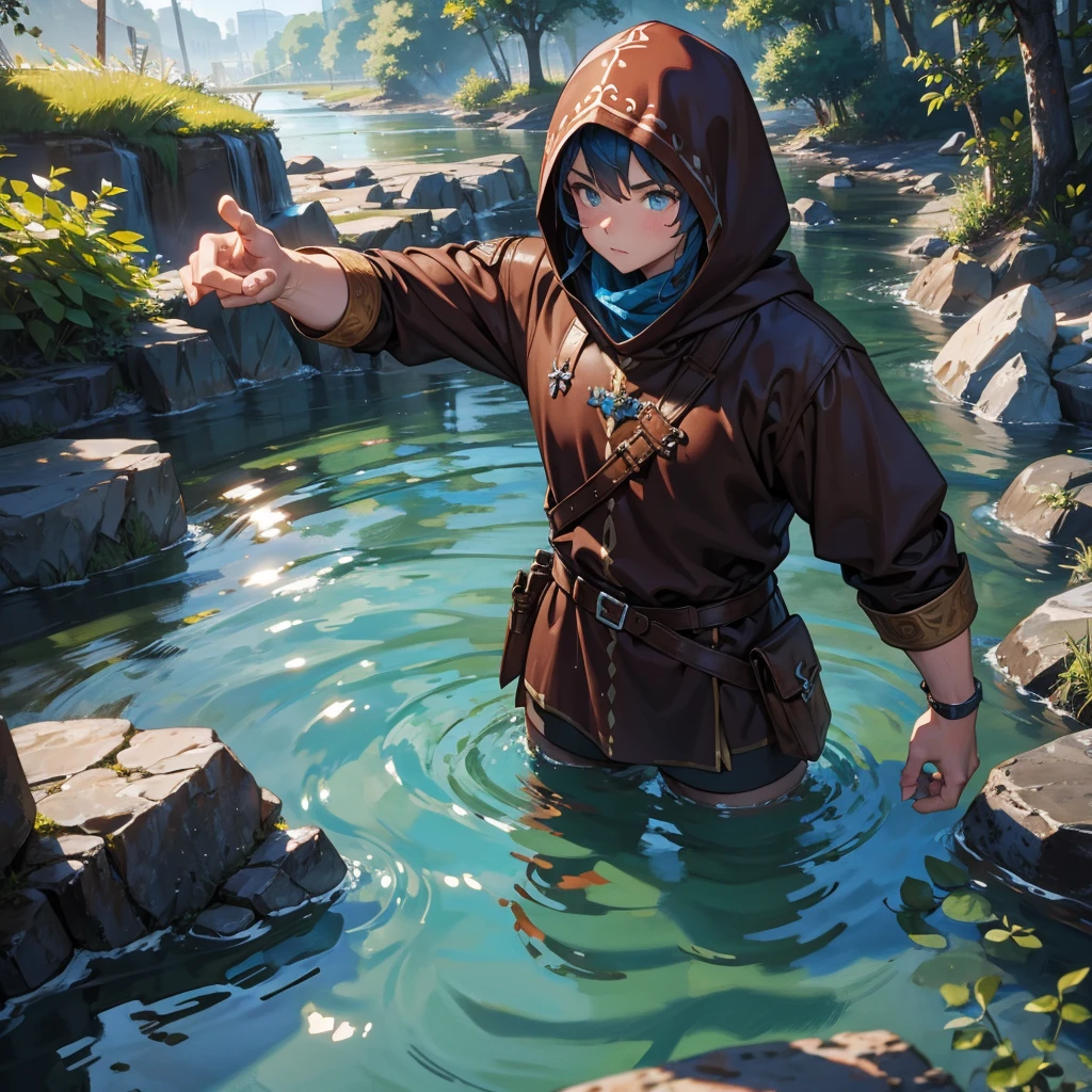 water dwarf in the river with medieval adventurer brown outfit hood