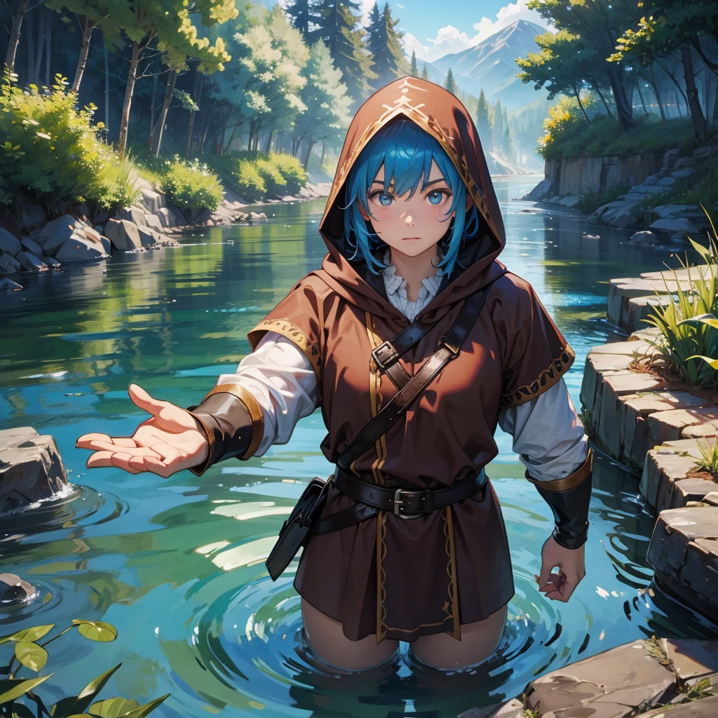 water dwarf in the river with medieval adventurer brown outfit hood