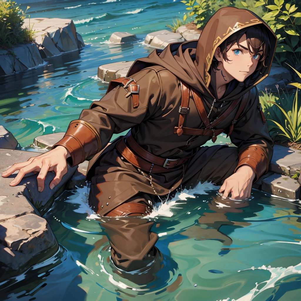 water dwarf in the river with medieval adventurer brown outfit hood