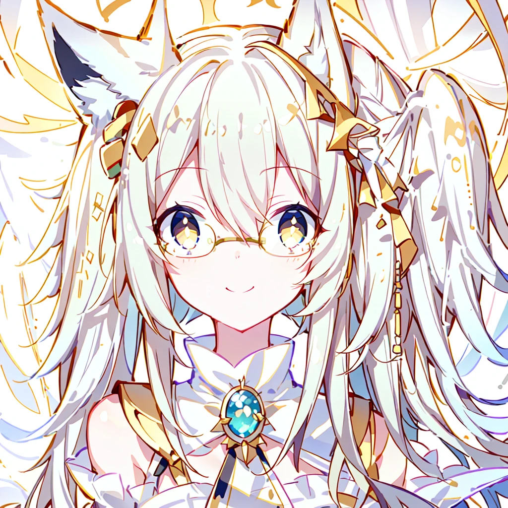 ((Best quality)), ((masterpiece)), (detailed), best quality,8K,original photo,White Fox Girl,touch fox,Castle Background, Liveliness. Carefree happy joy bokeh background. Quiet aesthetics. Soft lighting. Artistic Lighting. Gold frame glasses