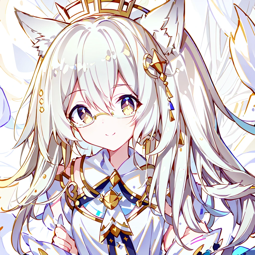 ((Best quality)), ((masterpiece)), (detailed), best quality，8K，original photo，White Fox Girl，touch fox，Castle Background， Liveliness. Carefree happy joy bokeh background. Quiet aesthetics. Soft lighting. Artistic Lighting. Gold frame glasses