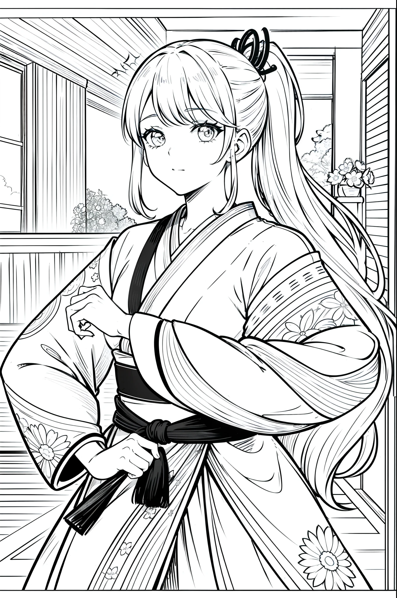 As a coloring book, the color should be black and white, the border should be simple, clear, and bold. [Girl with a ponytail] wearing a [kimono with fox pattern] practicing [kendo] in a [dojo], with [hair ties decorated with fox charms]