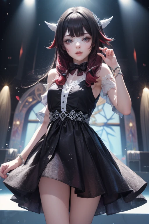 Columbina_(genshin impact) VTuber, multicolored hair, black hair, pink hair, flowing hair, floating hair, ornament hair, perfectly body, perfectly hands, dark pink rose on hair, 1 girl, Looking at the audience, flowing hair, Beautiful Eyes, Plump and glossy lips, Idol, dress with too many frills, black dress, gold laces, black Short skirt, Drape clothes, red gem, Lace trim, bright stage, luxury gold details, gold jewelry, more details, best quality, Big sparkling eyes, blushing, Striped Lace Stockings, black Lolita skirt, sparkle, solo, centered girl, cowboy shot, perfectly body, perfectly hands, two arms, two legs, two hands, five fingers, perfect anatomy, glowing hair, red roses, 1girl, dress, solo, flowing hair, floating hair, ornament hair, perfectly body, perfectly hands, on the stage, sparkles, more details on her clothes, dress with transparency, golden details on her dress, night, holding a microphone, ((4k, masterpiece, top-quality)), 8k, best quality, high resolution, UHD, (illustration:0.8), super cute girl, delicate and beautiful face, mature girl, super cute hairstyle, (beautiful detailed eyes:1.6), extremely detailed face, perfect lighting, extremely detailed CG, (perfect hands, perfect anatomy), Best quality, cleavage, small skirt, full Body, two arms, two legs, two hands, five fingers