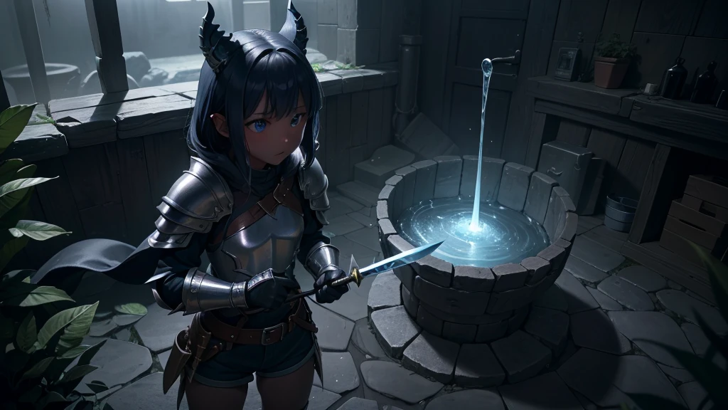 最high quality、high quality、Simple Cloth Armor、１０Year-old girl adventurer、Pitch-dark underground labyrinth、No light、A slimy liquid is poured onto the body、Shorts、Equipped with a dagger and a shield, Partly gelatinous inside