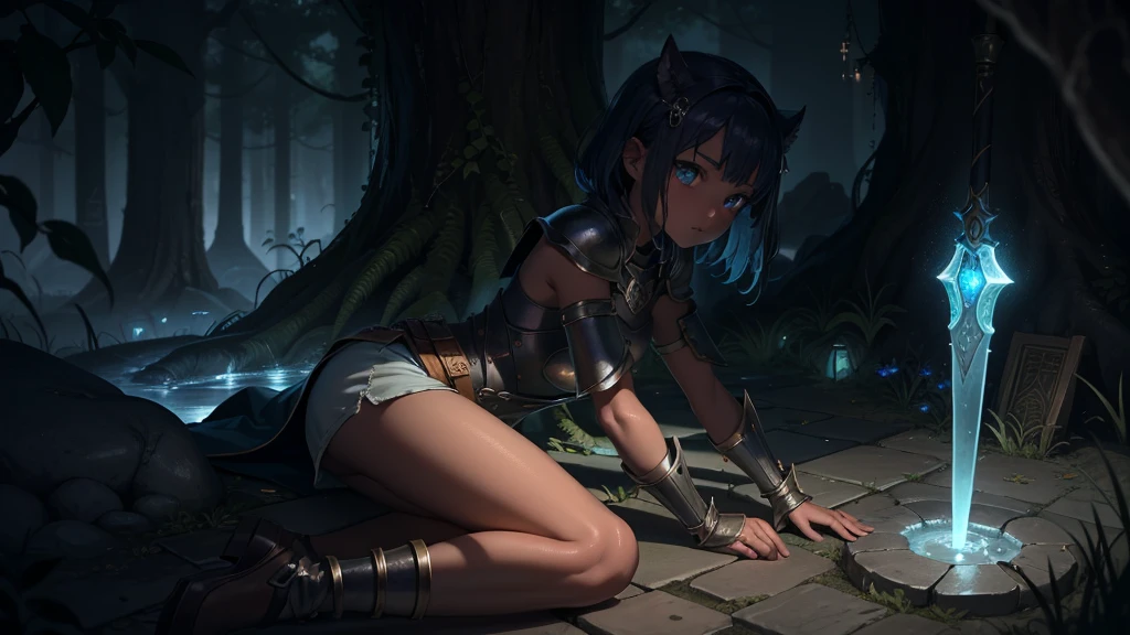 最high quality、high quality、Simple Cloth Armor、10Year-old girl adventurer、Pitch-dark underground labyrinth、No light、A slimy liquid is poured onto the body、Shorts、Equipped with a dagger and a shield, Partly gelatinous inside