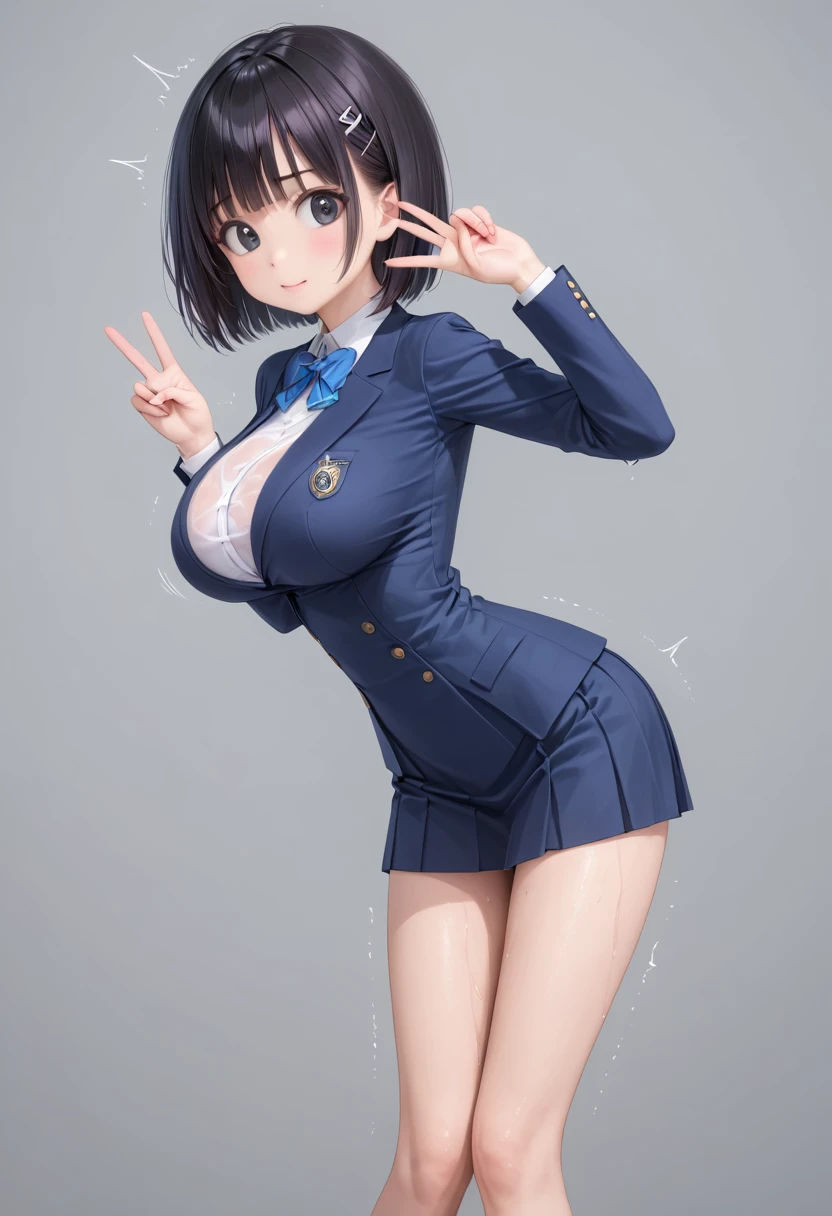 (masterpiece, best quality:1.2), Realistic, front shot, 1girl, kawaii, (super big breasts, micro waist, very long legs:1.3), Black hair, short bob hair, short height, scrawny and thin body, Light Skin, cute big eyes, cute thin face, Tight school blazer, miniskirt, pigeon-toed, wet and sweaty, big visible ribs, V sign, Trembling