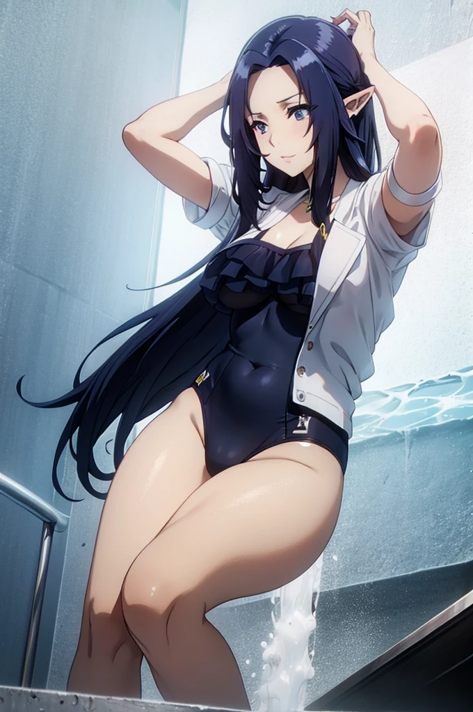 dark blue hair,,long hair,blue eyes,pointy ears,elf,school swimsuit,tied up