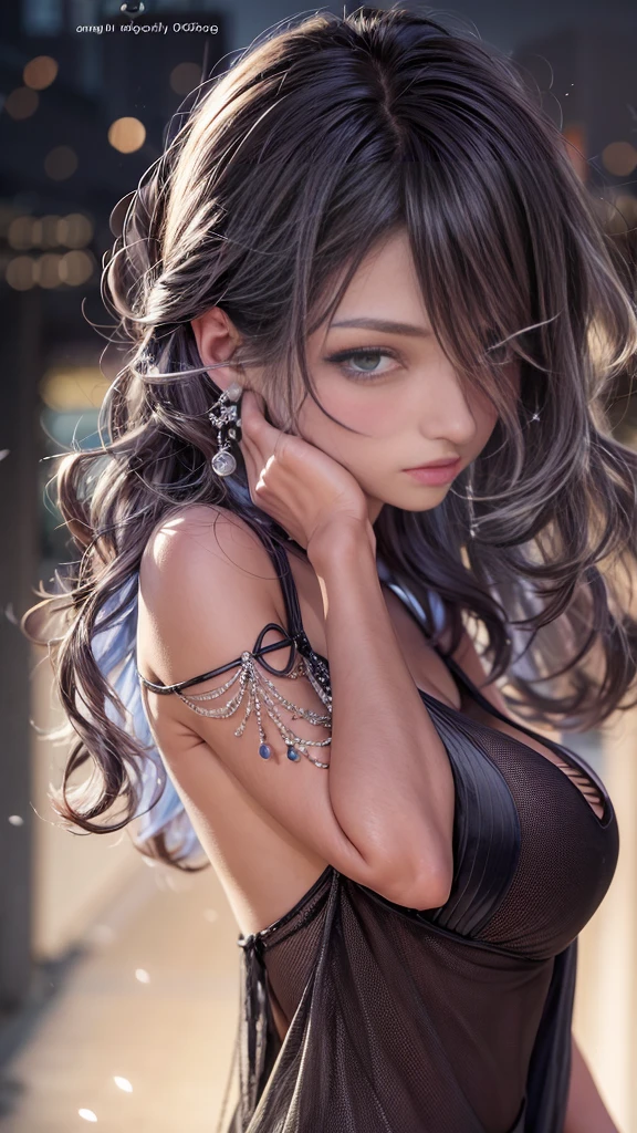 (32k:1.5, Highest quality, masterpiece, Ultra-high resolution), Perfect dynamic composition, Professional camera work:1.6, Very detailedな肌と顔の質感:1.3, Mysterious portrait:1.3, Very accurate, Very detailed, One Girl, ((Night view from the rooftop, The moonlight at night illuminates my body)), (Black Satin Nightgown:0.5), Incredibly slim body, Fair skin, Very beautiful face, (Big eyes that exude beautiful eroticism:0.9, A dreamy look:1.0, I love you with all my heart:0.8, Please open your mouth a little, lipstick, Feel the beautiful eroticism:0.7), (Wet dark brown medium length hair), Candles, The chest is medium, Earrings, necklace, bracelet, Tilt, get up, ((attractive, Hair blowing in the wind))