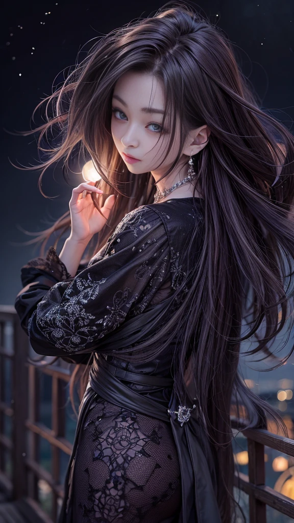 (32k:1.5, Highest quality, masterpiece, Ultra-high resolution), Perfect dynamic composition, Professional camera work:1.6, Very detailedな肌と顔の質感:1.3, Mysterious portrait:1.3, Very accurate, Very detailed, One Girl, ((Night view from the rooftop, The moonlight at night illuminates my body)), (Black Satin Nightgown:0.5), Incredibly slim body, Fair skin, Very beautiful face, (Big eyes that exude beautiful eroticism:0.9, A dreamy look:1.0, I love you with all my heart:0.8, Please open your mouth a little, lipstick, Feel the beautiful eroticism:0.7), (Wet dark brown medium length hair), Candles, The chest is medium, Earrings, necklace, bracelet, Tilt, get up, ((attractive, Hair blowing in the wind))