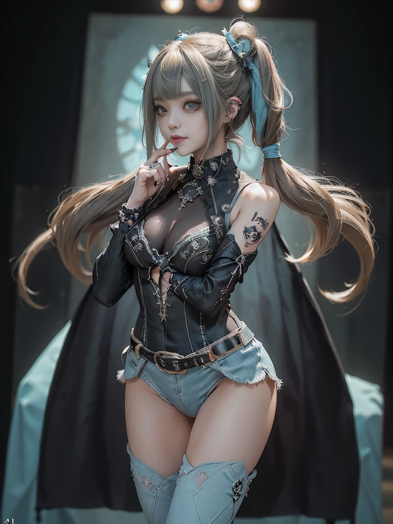 (Full Body View:1.4)、(Side view:1.1)、(Smiling with teeth showing:1.3),(Shibuya Gal:1.5)、(Gothic ta style fashion:1.5)、(Punk RockVisual Kei:1.5)、(Wearing a rhythmic gymnastics bodysuit with intricate details:1.4)、(Cloak de cour with delicate decorations in white, denim and turquoise:1.5)、(Denim with turquoise and white boots:1.3)、((belt))、(Numerous delicate logo marks all over the costume:1.4)、(collar:1.3)、(Striped underwear:1.5)、20-year-old、NSFW、((Highest quality、In 8K、masterpiece:1.3))、Sharp focus:1.2、(Layered Cut、Beautiful boobs:1.1),Beautiful woman with perfect figure:1.4、(Sexy Gravure Pose:1.3)、Slender Abs:1.2、Highly detailed face and skin texture、Detailed eyes、double eyelid,(Twin tails:1.3)、(Brown-golden hair:1.3)、Gravure idol、(The background is the stage of the fashion show:1.3)、(Slim body:1.3),(Make your legs thinner:1.4),(clavicle:1.1)、(Thin thighs:1.2)