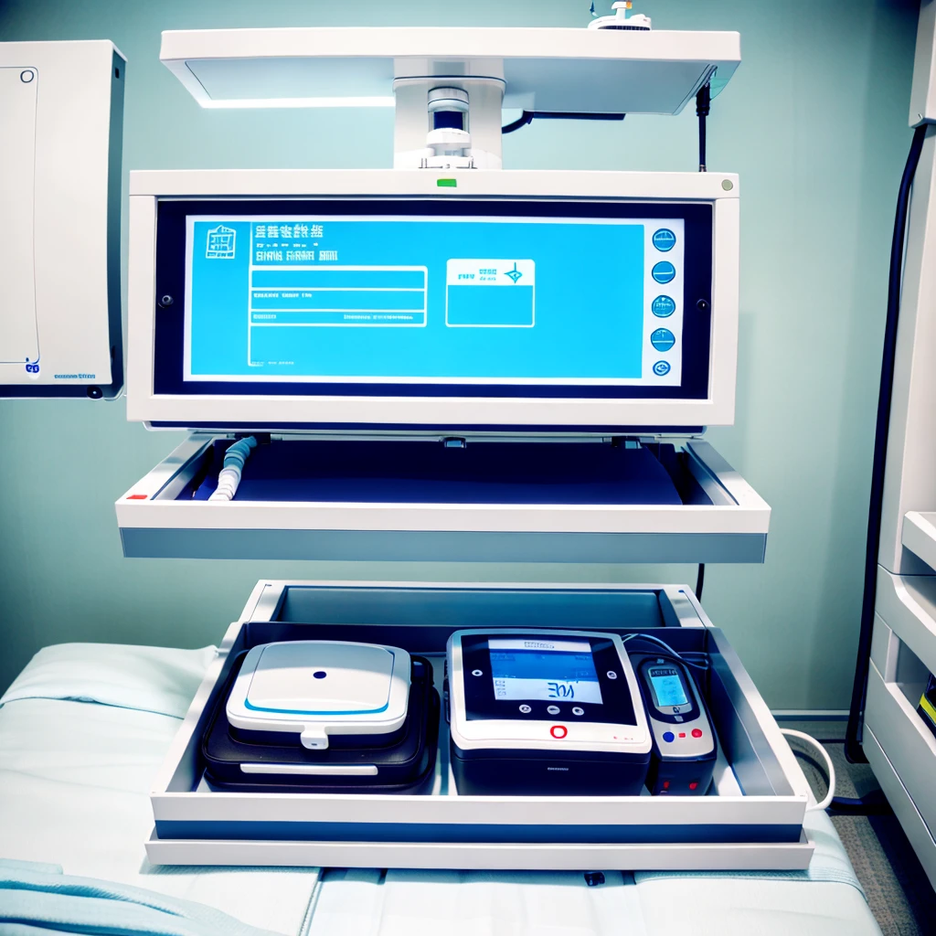 An rectangular big box top contains a adjustable screen ,at the middle need a iv infusion pump, at the side all vital equipment, another side handrub glove box , another side defibrillator . This is an digital emergency bedside box in hospital ward