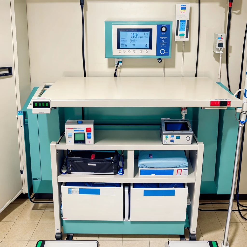 An rectangular big box top contains a adjustable screen ,at the middle need a iv  infusion pump, at the side all vital equipment, another side handrub glove box , another side defibrillator . This is an digital emergency bedside box in hospital ward