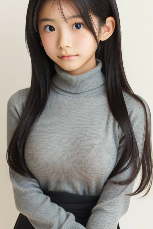 Very young Japanese,,Grey turtleneck,big breasts,Black Hair,Long Hair,Soft lips,Fine skin,(Glowing Skin),(masterpiece:1.4),(Highest quality:1.4),white background,fullshot,standing posture,front view,looking away