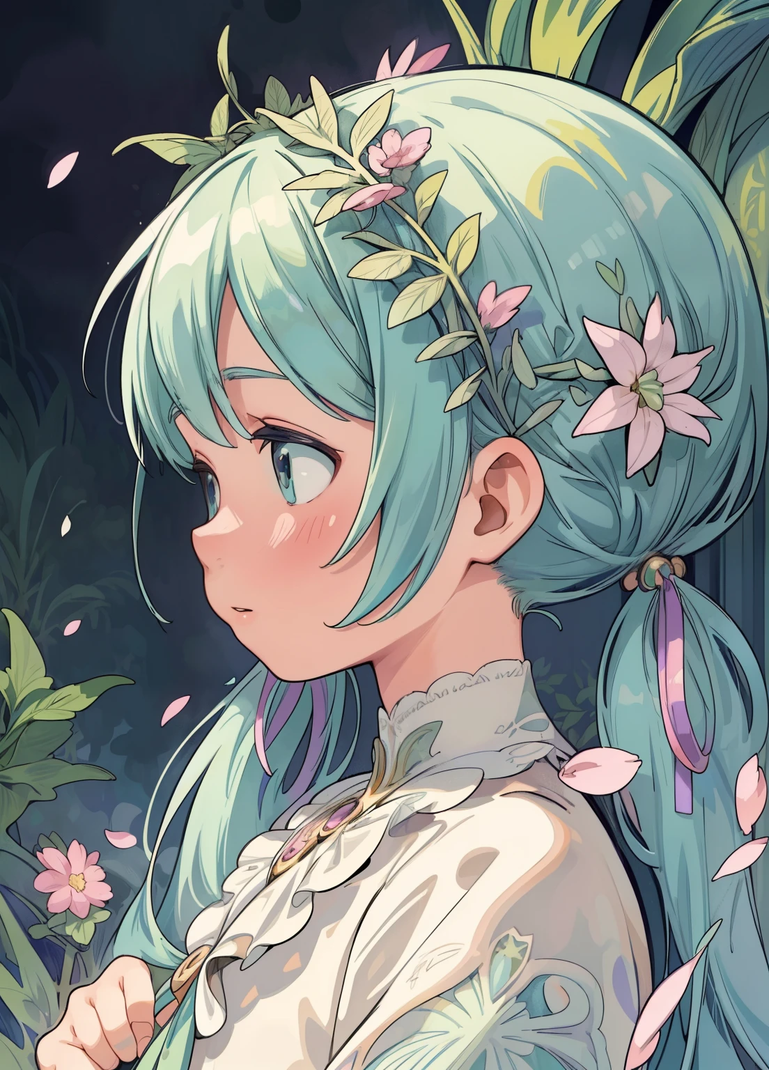 (masterpiece、Highest quality、Highest quality、Official Art、beautifully美しい:1.2)、(One girl:1.3)Hatsune Miku、Twin tails,Beautiful breasts,1 beauty、(masterpiece、Highest quality、Highest quality、beautifully、aesthetic:1.2)、Round Picture Frame、Rainbow colors、Shining jewelry hair ornament、Flowers in full bloom、Jewelry made with attention to detail、dynamic、Elegant woman concept、((Alphonse Mucha))、Shining Eyes、profile、Colorful Hair、Fluttering petals、Gradation、Very detailed, Unreal Engine, wonderful, Intricate details, Splash screen, Complementary Color, Realistic concept art, 8K resolution, 逸脱のmasterpiece