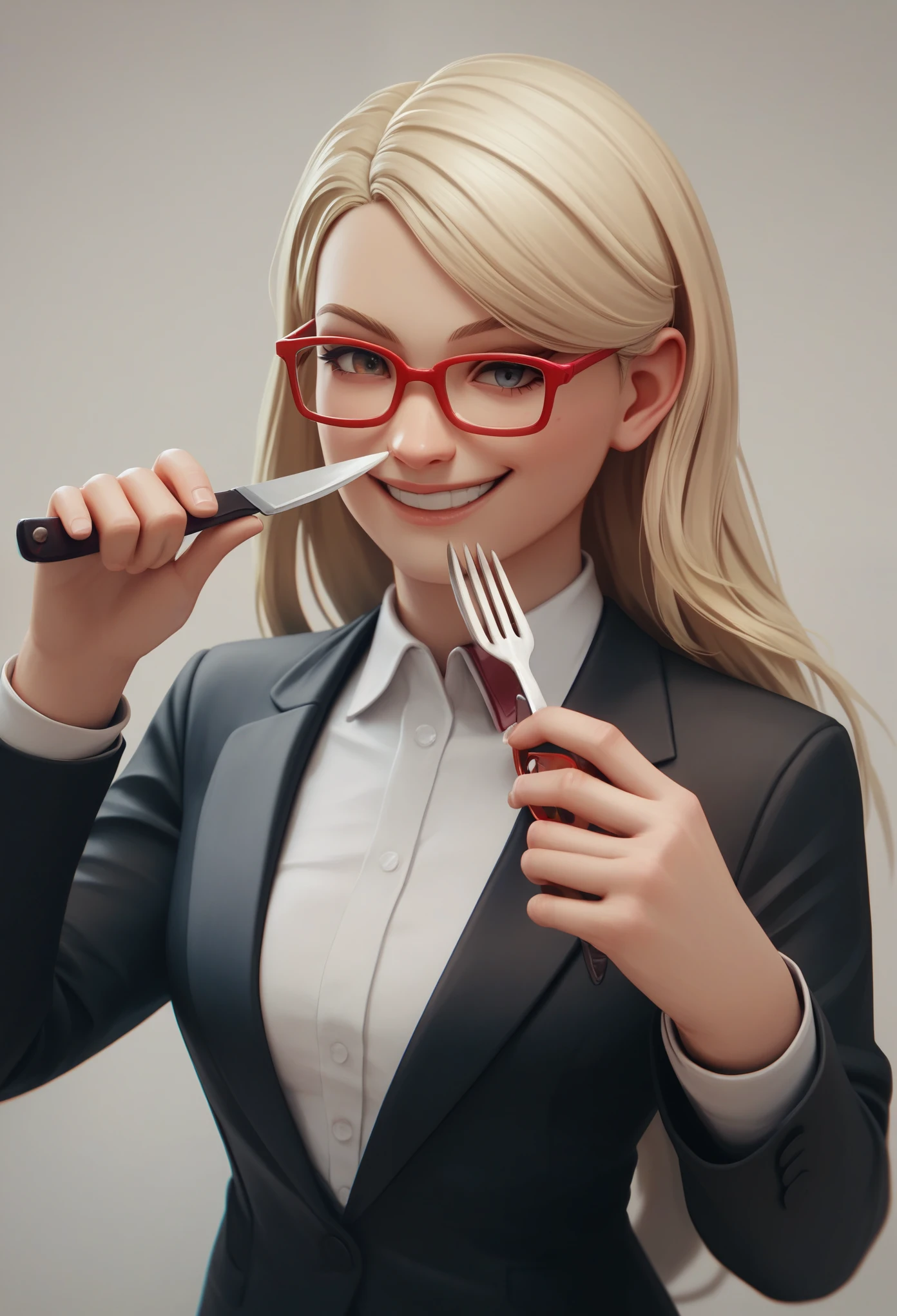 (avatar blonde woman long hair alone smiling), (only the bust), (Black Suit), (Red glasses), (fork in one hand and knife in the other hand), (3d style image).