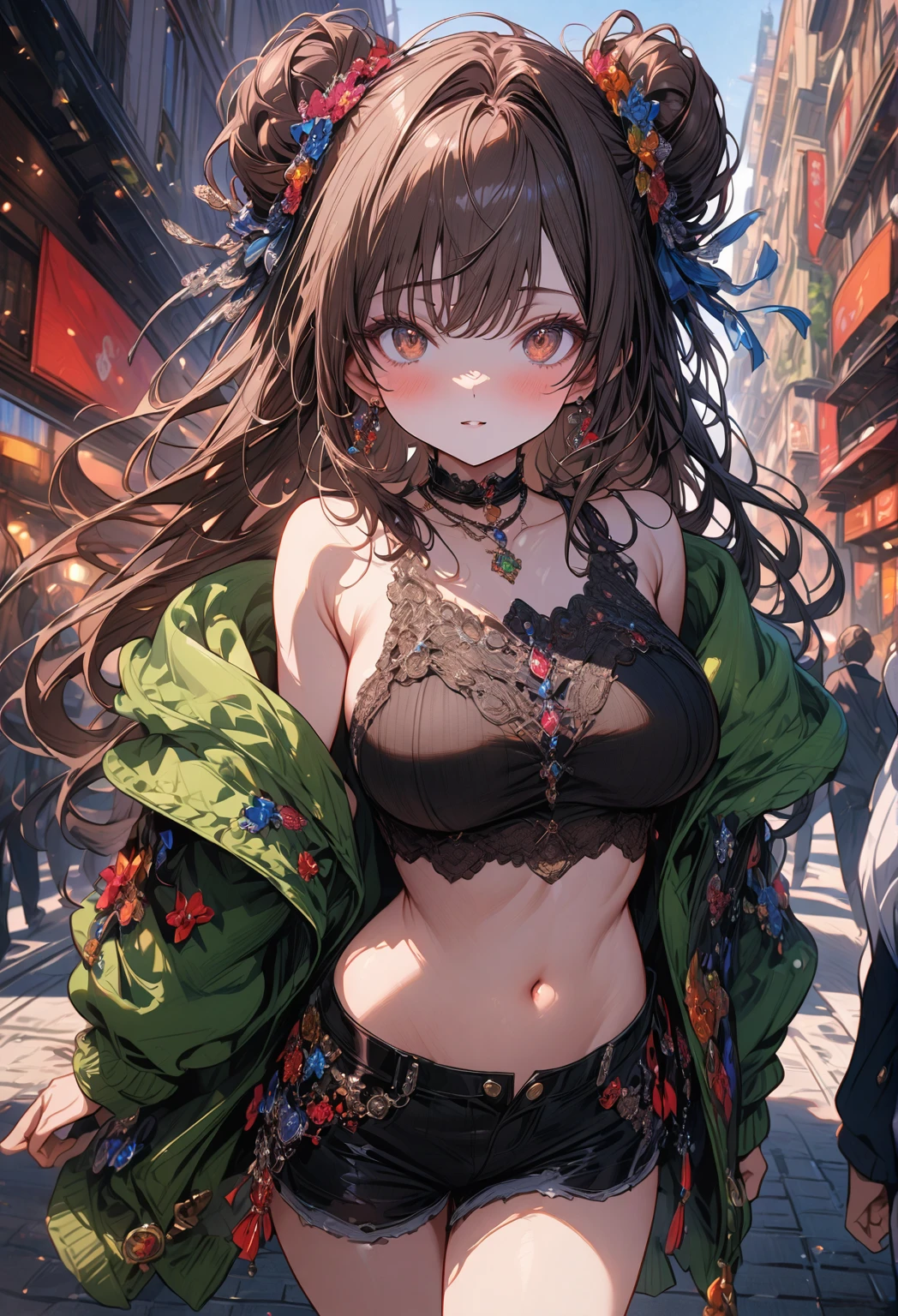 ((masterpiece:0), best quality, very aesthetic, newest, absurdres, detailed, high quality)
BREAK
highest quality, top quality, details, highres, ultra fine painting, digital art, official art, cinematic, 4k, 8k resolution, 8K CG wallpaper, CG, original artwork, detailed background, colorful background, blue atmosphere, High Dynamic Range, blurry background, blue hour, Starburst effects, crepuscular rays, good ISO, high resolution, wide shot, from far away, RAW photo, POV, sharp focus, light reflection, reflections, intricate details, soft light, particle noise, professional photography, bokeh, depth of field, natural lighting, vibrant colors, looking away, detailed lights and shadows, stylish, ultra-detailed, top rated on Pixiv, trending on Artstation, niji style, modern-days, master crafted, pose
BREAK
solo, close up shot, from above, 1girl, pale skin, correct fingers, detailed hand, (big tight breasts:1.2), big thighs, small torso, short body, flushtered, blush, anxious expression, casual, slim, ((cute, childlike face):1.3), nice hips, nice body, brown hair, (very long hair, (big 2 buns hairstyle)), long bangs, long hair, middle hair bangs, brown eyes
BREAK
(black string tank top, choker, off shoulder open green hoodie, (tummy skin), open unbuttoned shorts, many colors outfit ornaments)
BREAK
a person walking down a street with a crowd of people, crowded street, crowded streets, in front of a large crowd, giant crowd, girl walking through city, people walking down a street