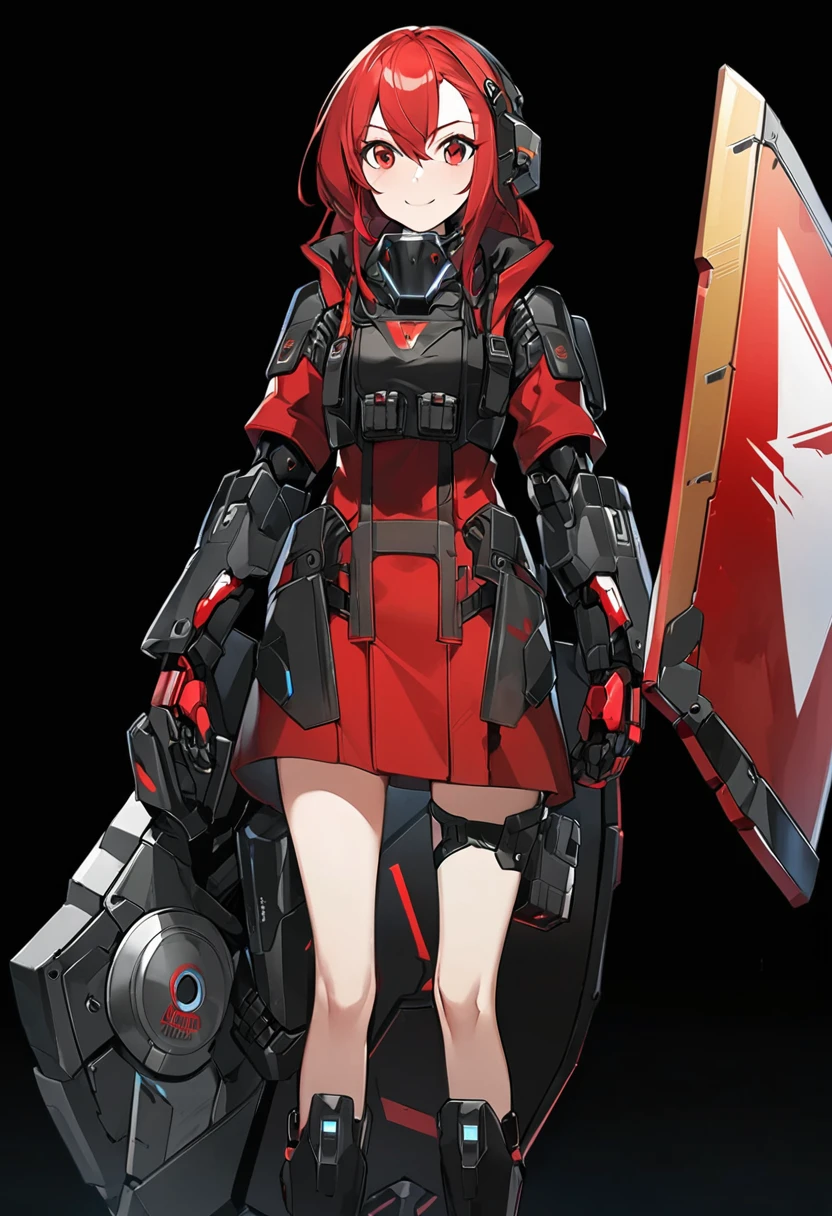 Anime-style woman in black and red outfit holding large shield, Cyberpunk Anime Girl Mecha, Wearing technical clothing, Amazing anime 8k, From Girls Frontline, Mechanized Soldier Girl, Special Assault Team, special forces, M4 Sopmod II Girls Frontline, Official character art, Kashert Kenz, Kshat Garland, ((short length red hair)), innocent, cute, smiling, ((black background)), ((simple background)), ((holding super large shield)), ((Shield as tall as the owner's height)), ((small chest)), ((black long botoms))