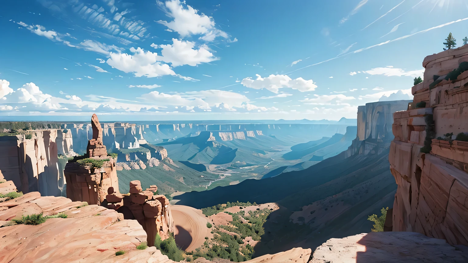A sweeping vista of the entire canyon, showcasing the majestic red rock formations against a vibrant blue sky dotted with fluffy white clouds. Capture the vastness of the landscape and the dramatic interplay of light and shadow across the canyon walls and floor.