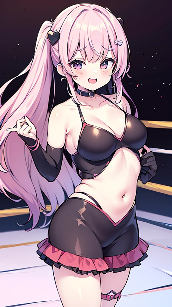 Cute  girl with skirt belly punch in the corner of the ring,((masterpiece)),long hair,beautiful white skin、 ((charming))、happy smile、perfect proportions、(((Kickboxing)))、(((Mixed wrestling))), cute woman, , BREAK source_anime, high detail, looking at viewer,POV, large chest, best quality, highly detailed, young face, white background,Droopy eyes,relaxed face,she attacks,frilly skirt,heart hair ornament